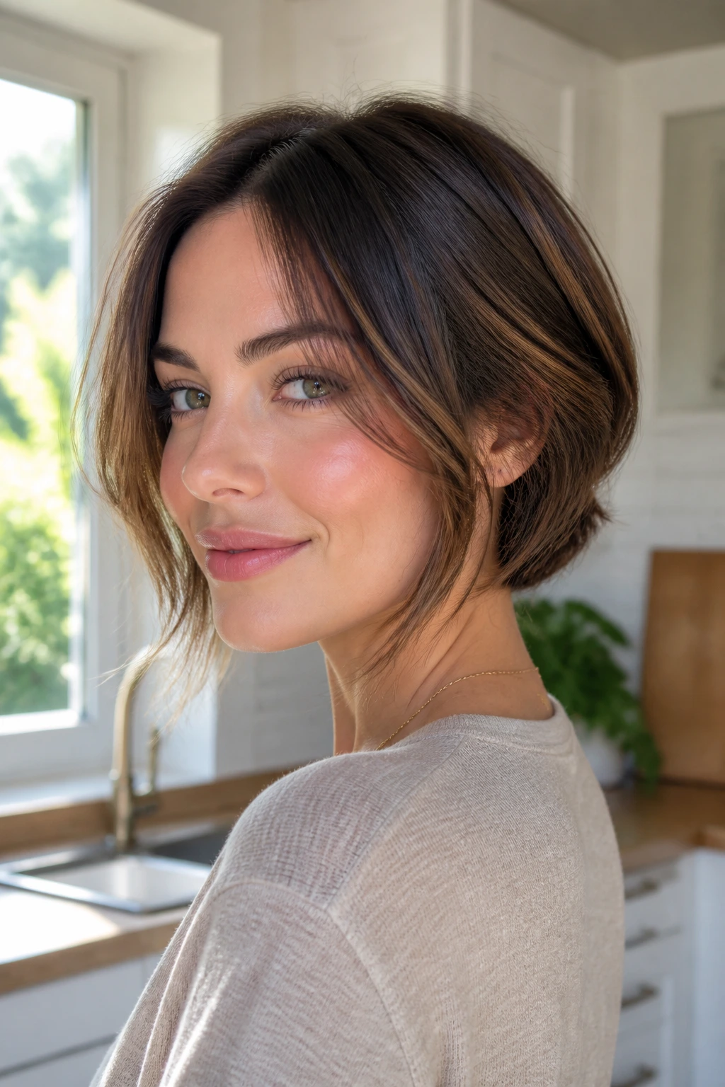 Portrait of a real woman with chin-length faux bob folded under at nape