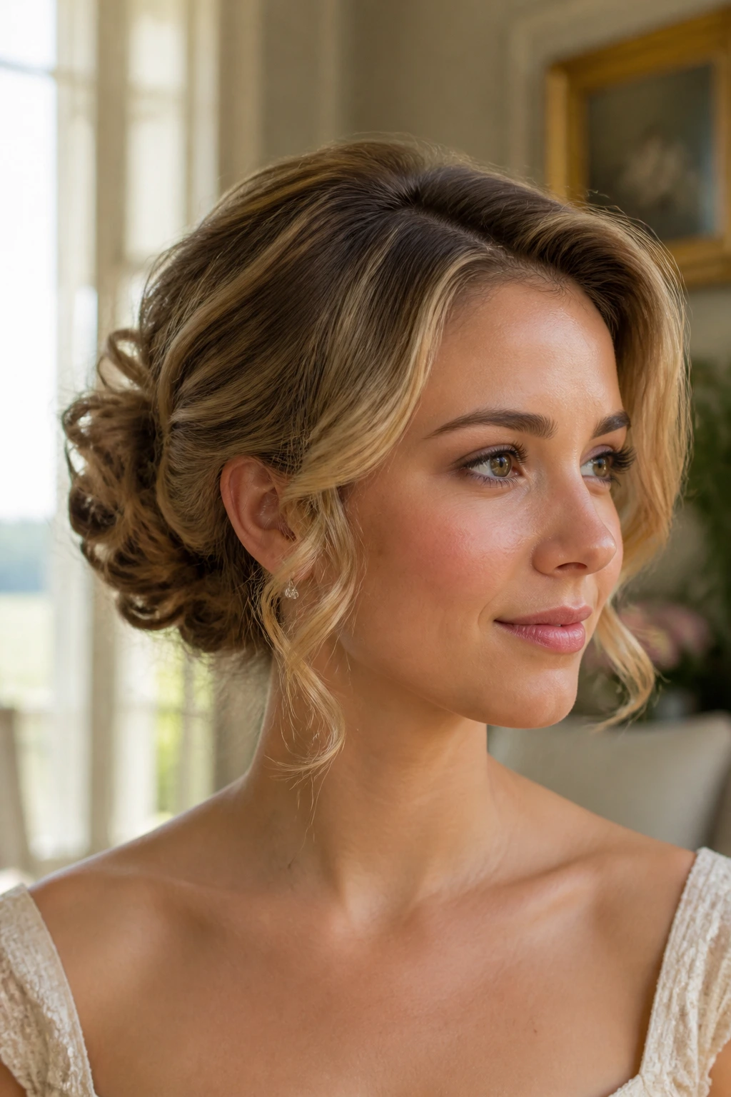 Close-up of a real woman with a curled faux bob and tucked nape.