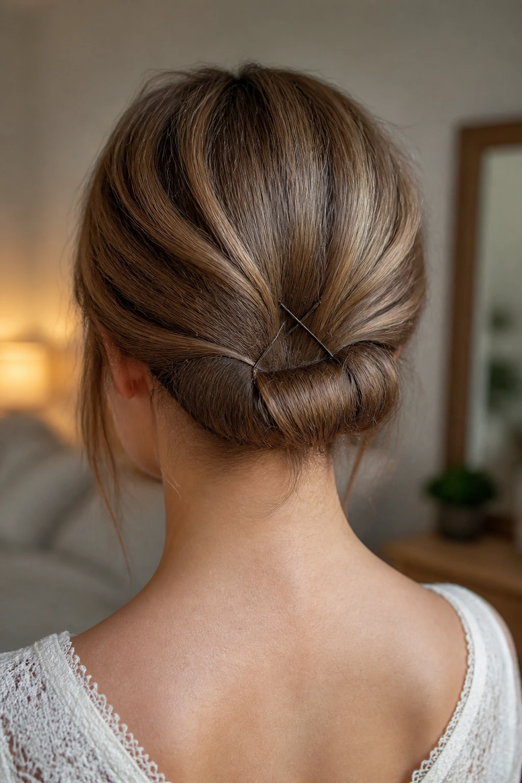 Back view of a real woman showing a faux bob with hidden pins at the nape