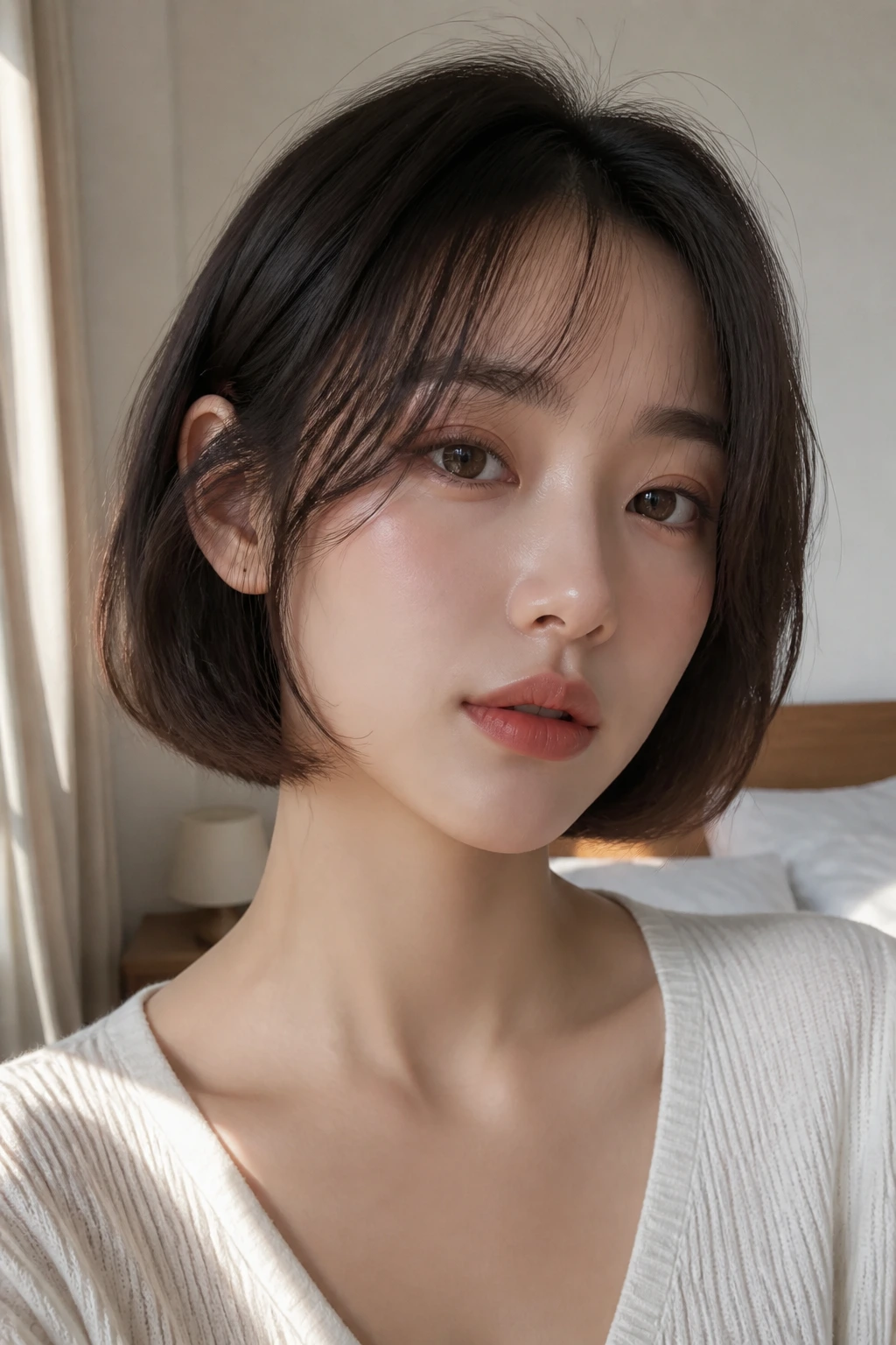 Faux bob with hidden pins on shoulder-length hair, close-up portrait of a real woman