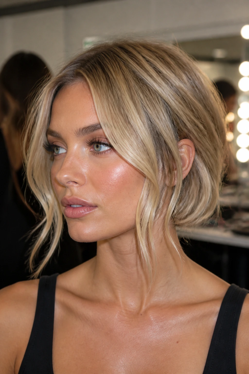 Portrait of a real woman with a faux bob hairstyle and loose front pieces