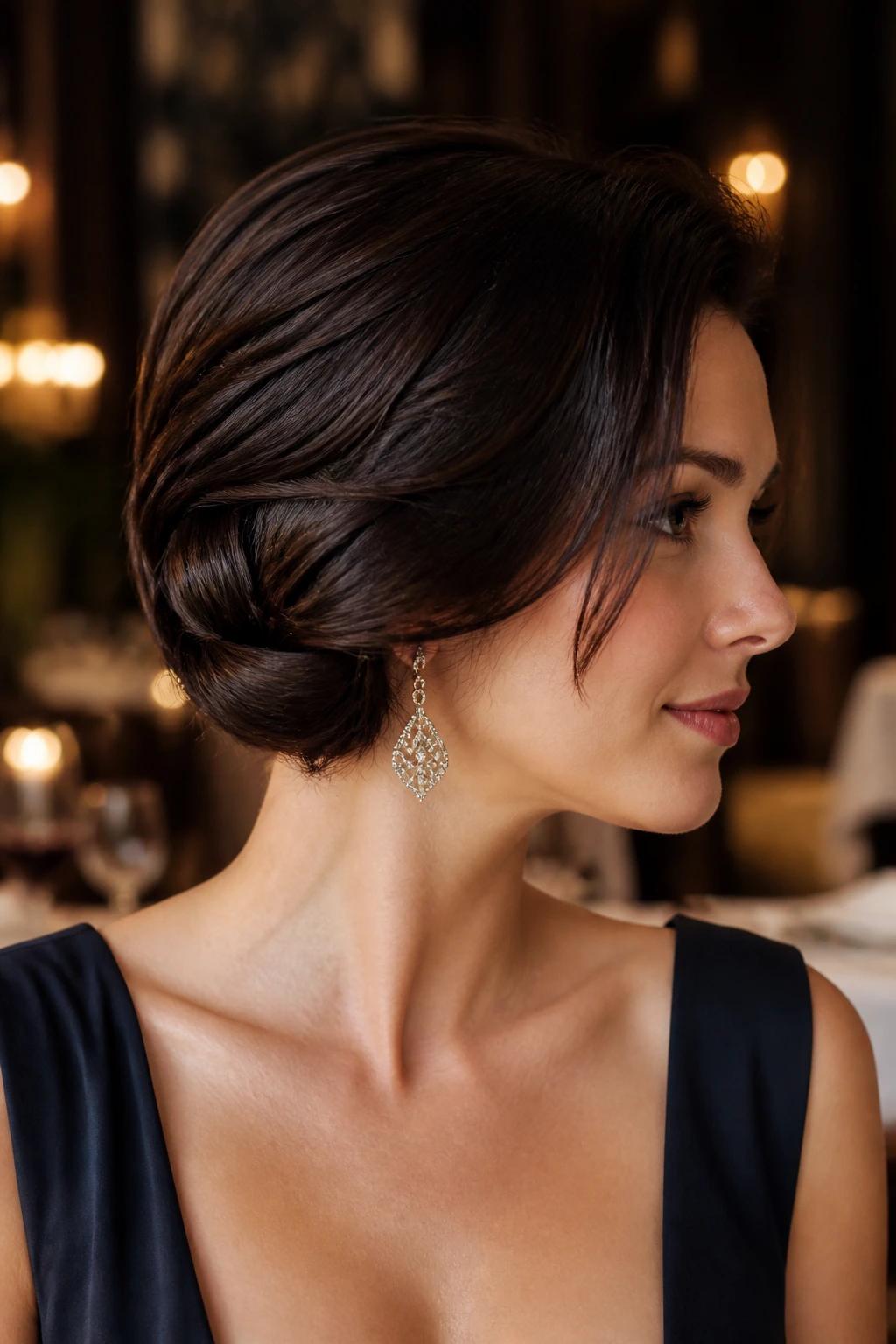 Close-up of a woman with a faux bob pinned under at the nape