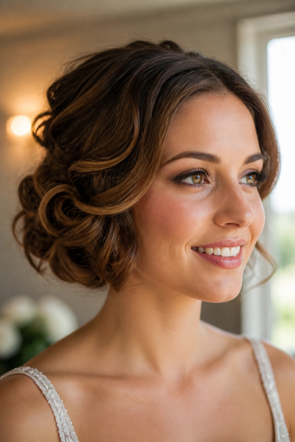 Close-up of a real woman's faux bob hairstyle with hidden pins in a bridal suite