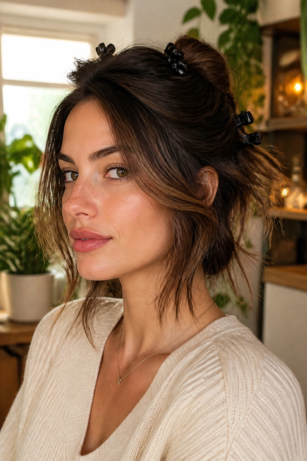 Portrait of a woman showing a faux bob with pinned layers in a cozy home setting