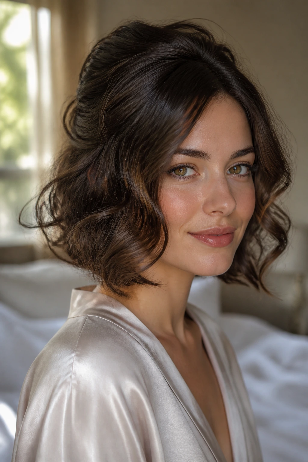 Close-up of a real woman wearing a Faux Bob with Pinned Ends, nape-tucked ends and curls around the jaw.