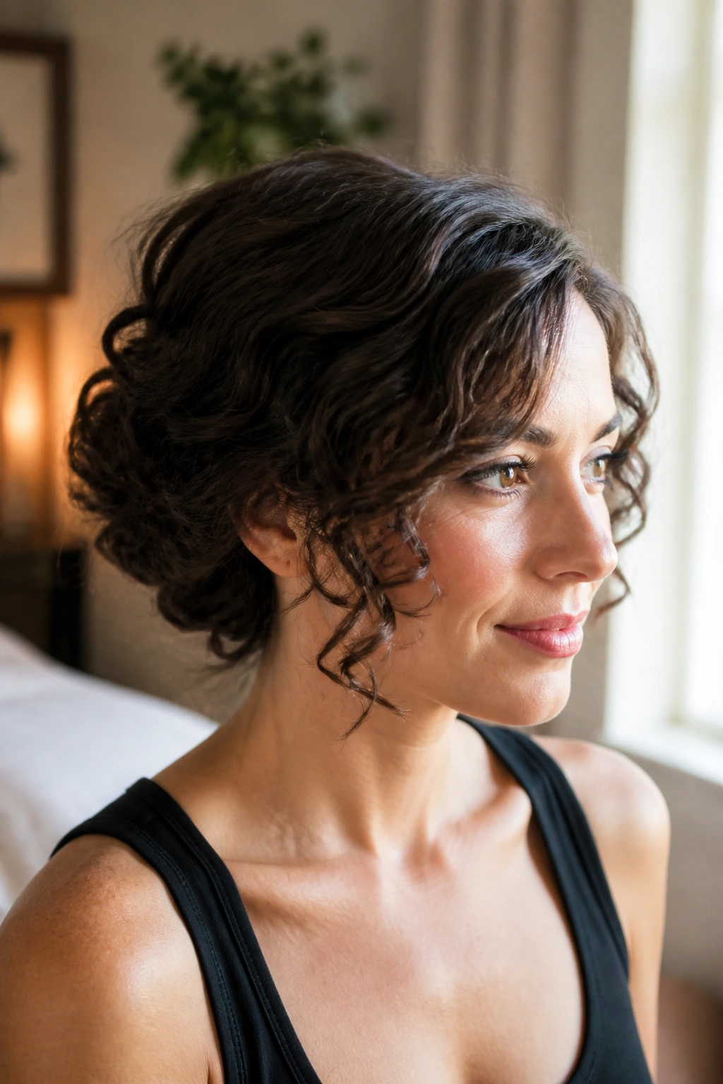 Close-up of a woman with a faux bob and hidden pins at the nape.
