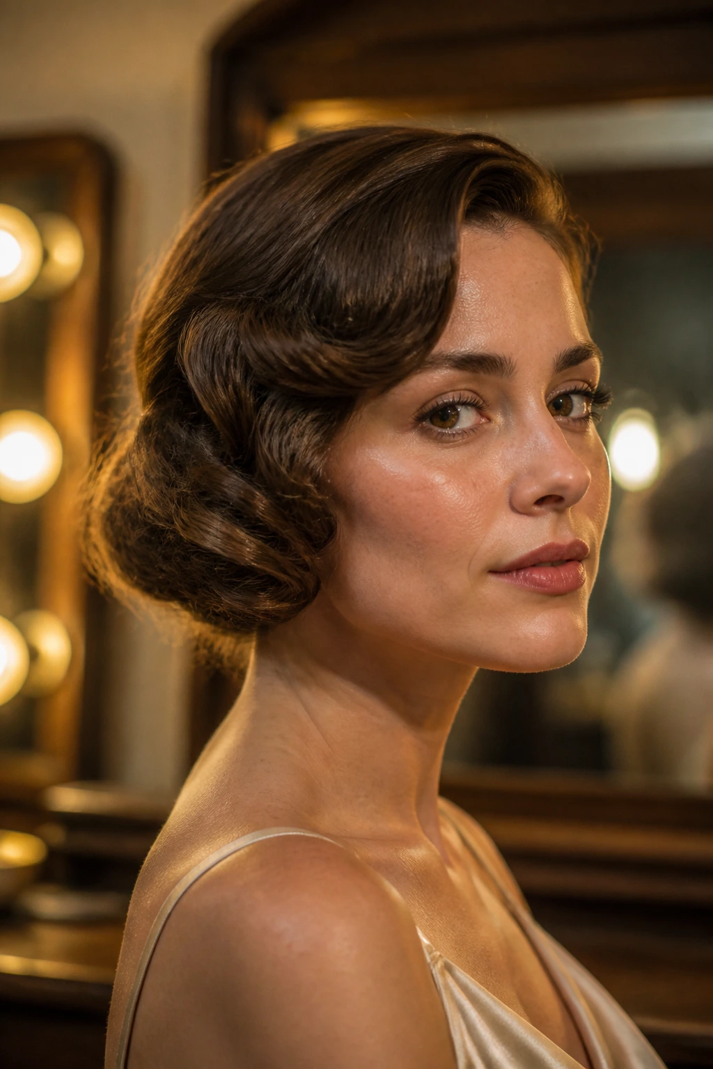 Real woman with faux bob and soft jaw-length bends in a vintage dressing room.