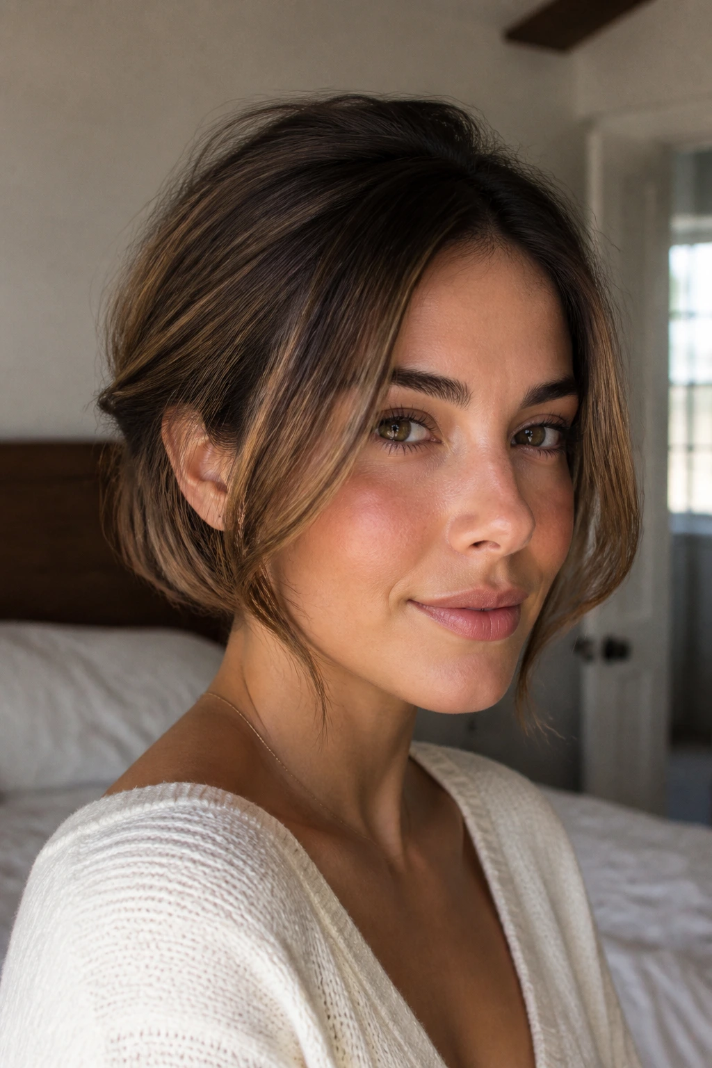 Close-up of a real woman showing a pinned-back faux bob with tucked ends and soft face framing.