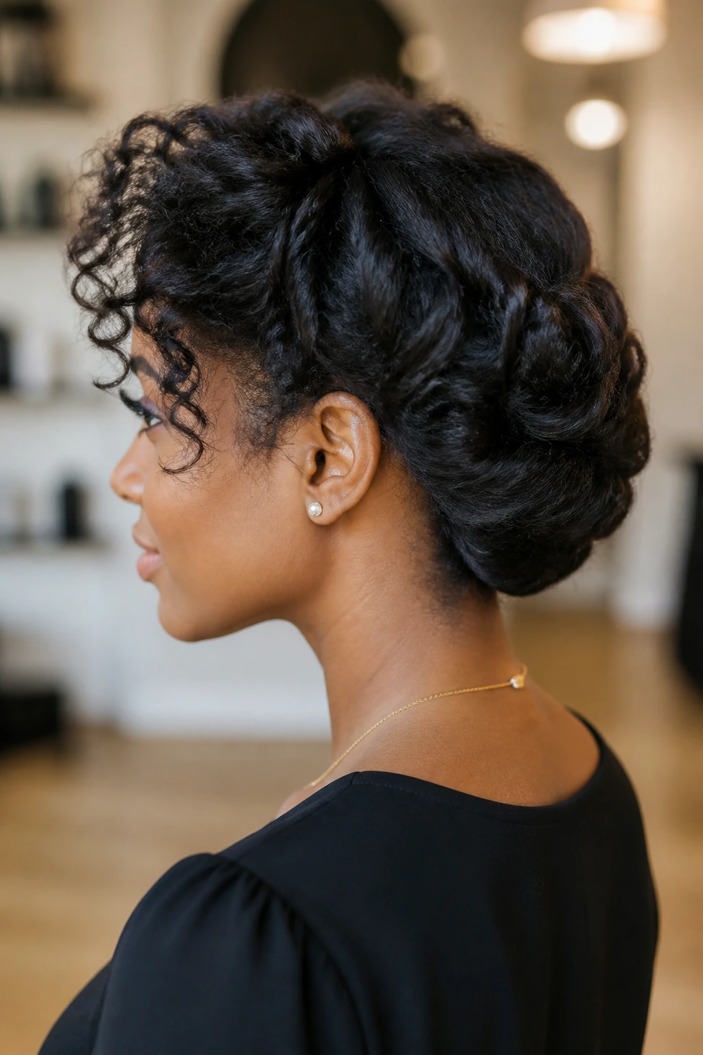Side profile of a real woman with rolled faux bob pinned at the back
