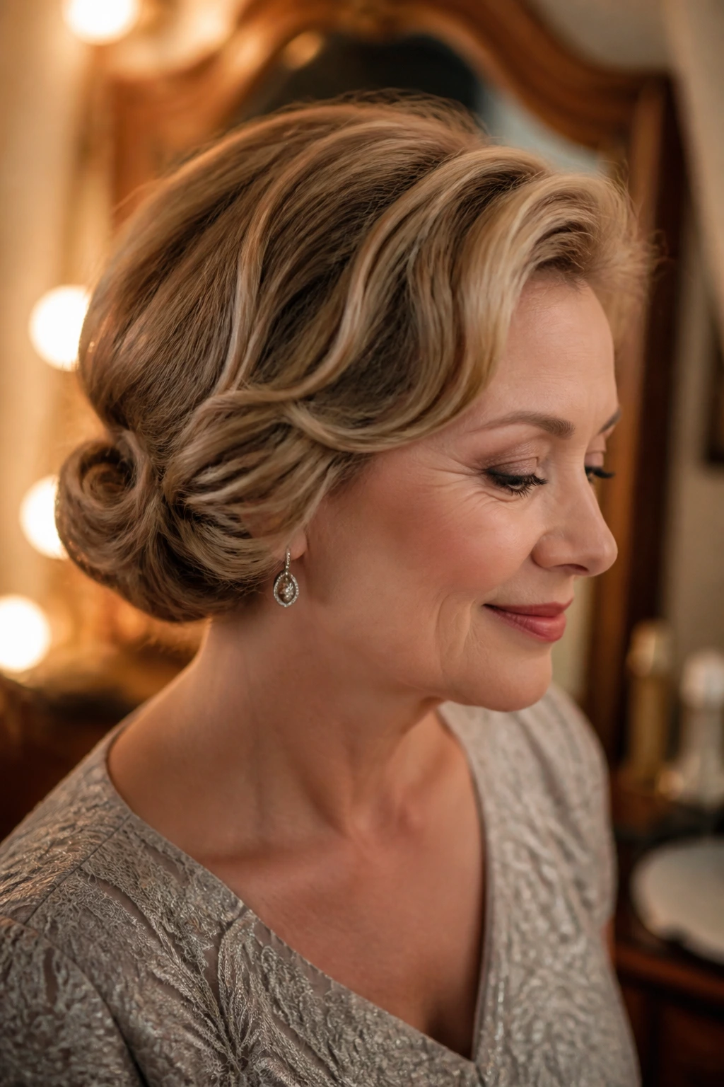 Close-up of real woman with pin-curled faux bob on chin-length hair