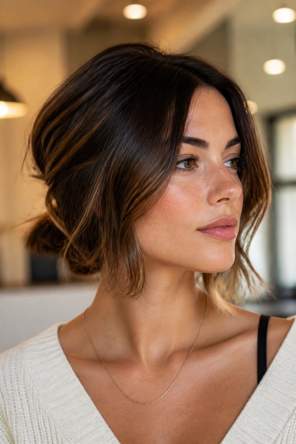 Real woman with tucked-in faux bob and soft bend at the neck.