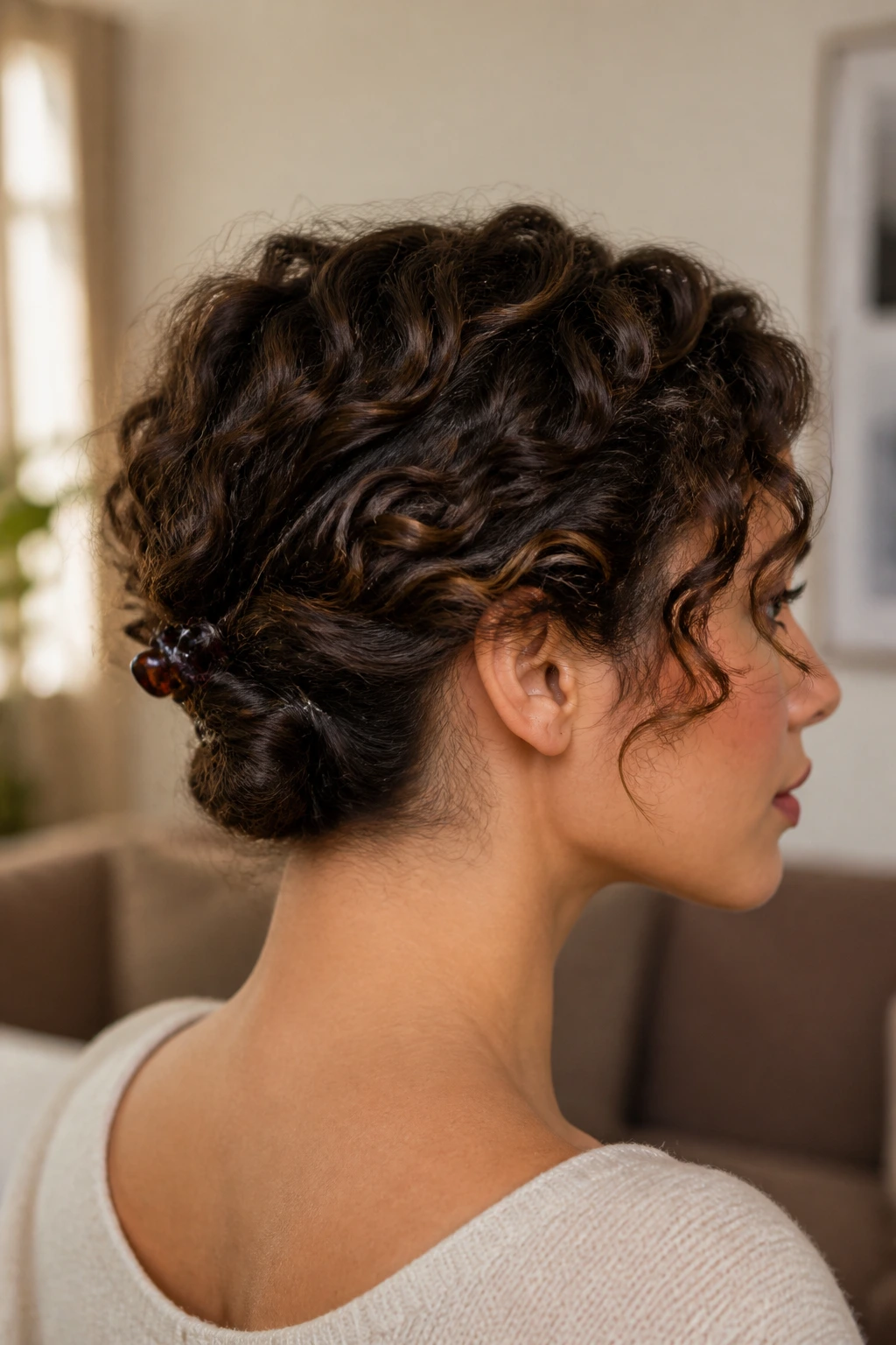 Close-up portrait of a real woman with a faux bob tucked at the nape and pins.