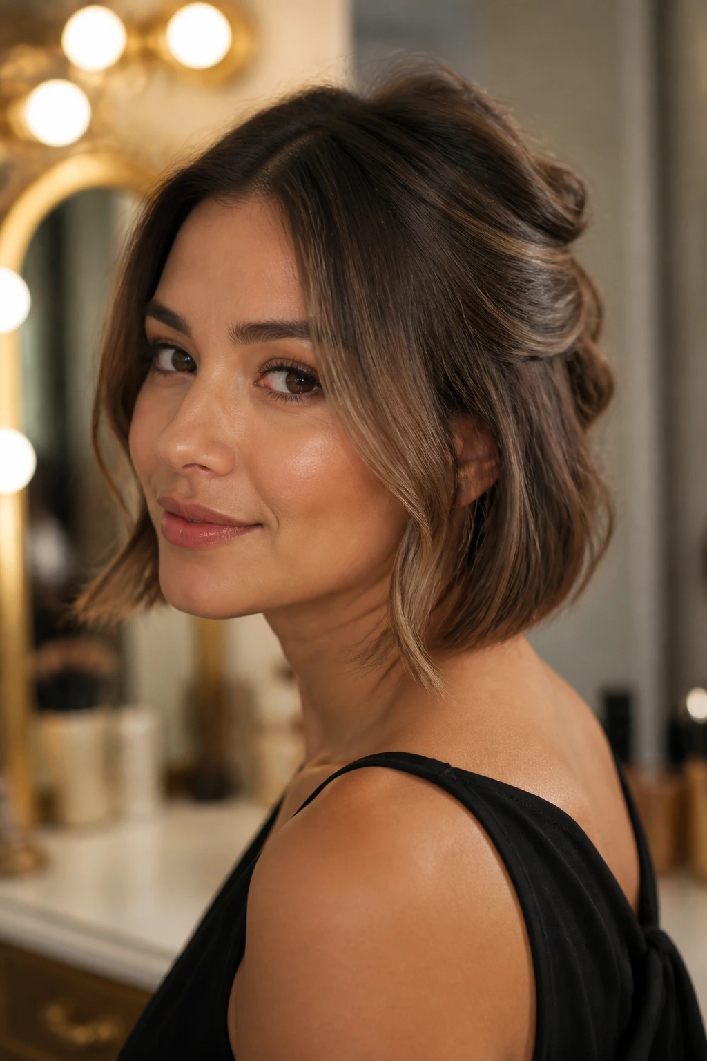 Close-up of a woman with a tucked-in faux bob and jaw-length hidden ends