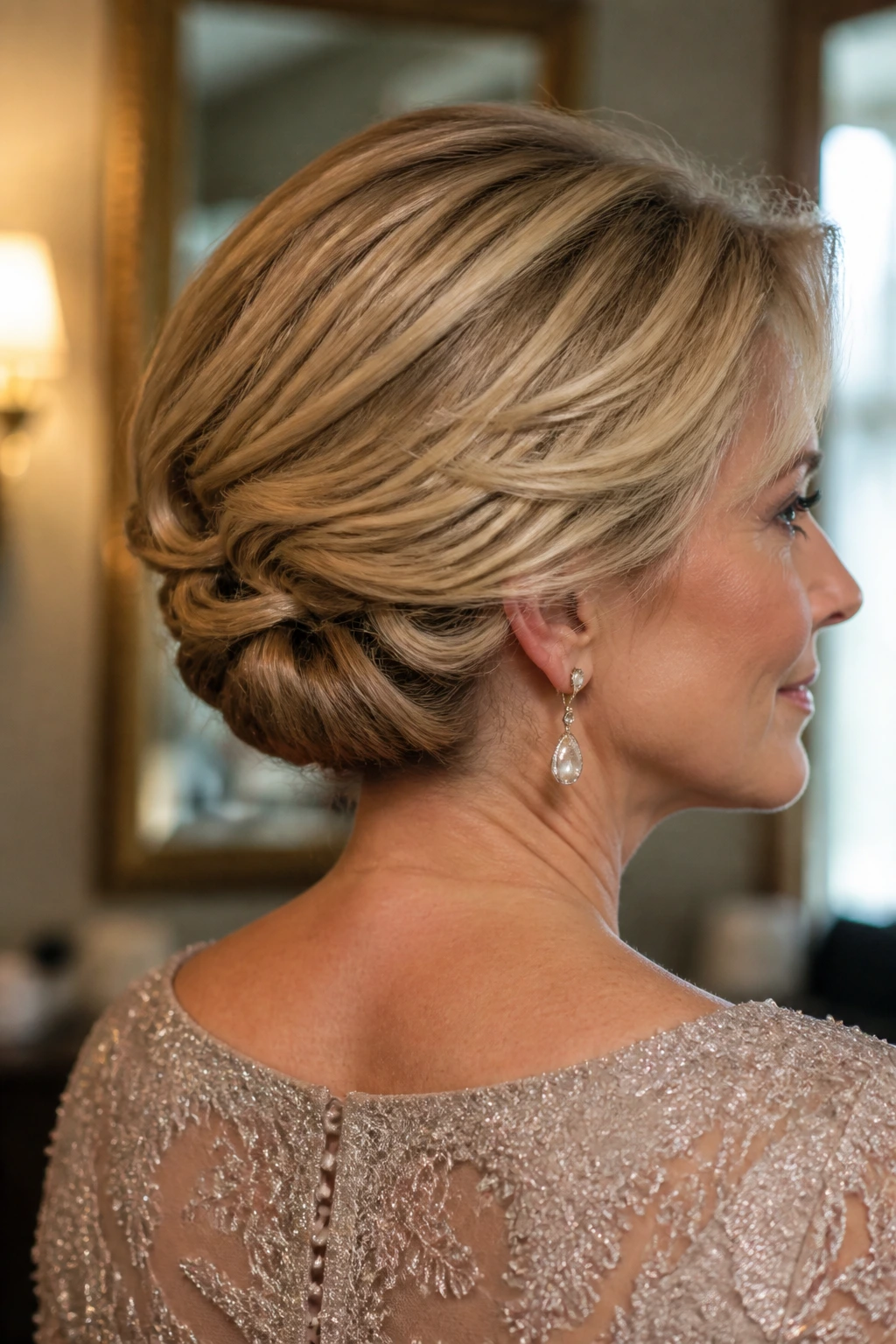 Side profile of Faux Bob with Tucked Ends on a real woman
