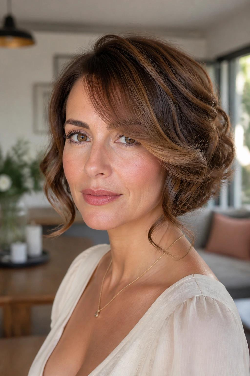 Real woman with a faux bob tucked ends and romantic side sweep
