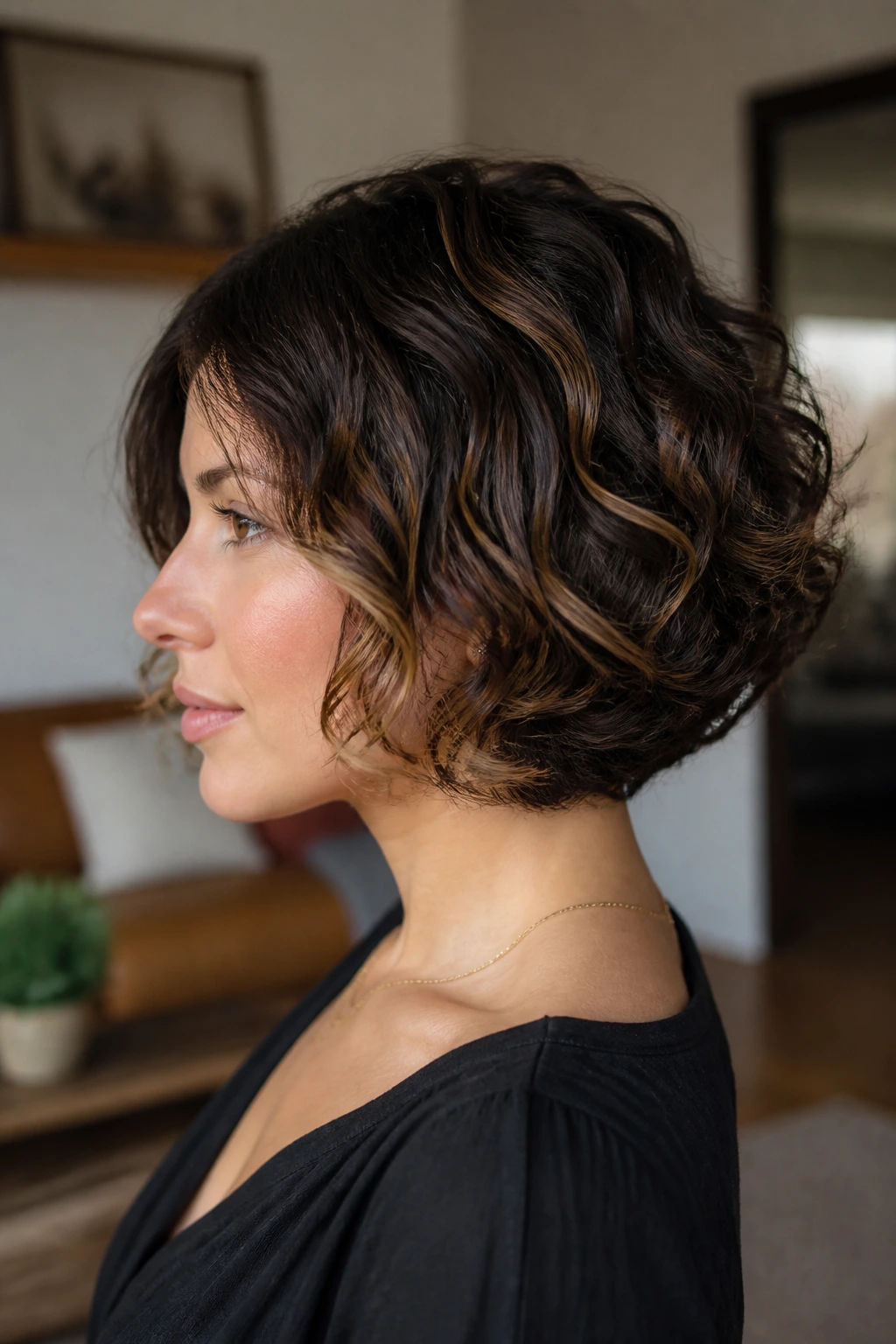 Side-profile of a woman showing a tucked faux bob with lowlights