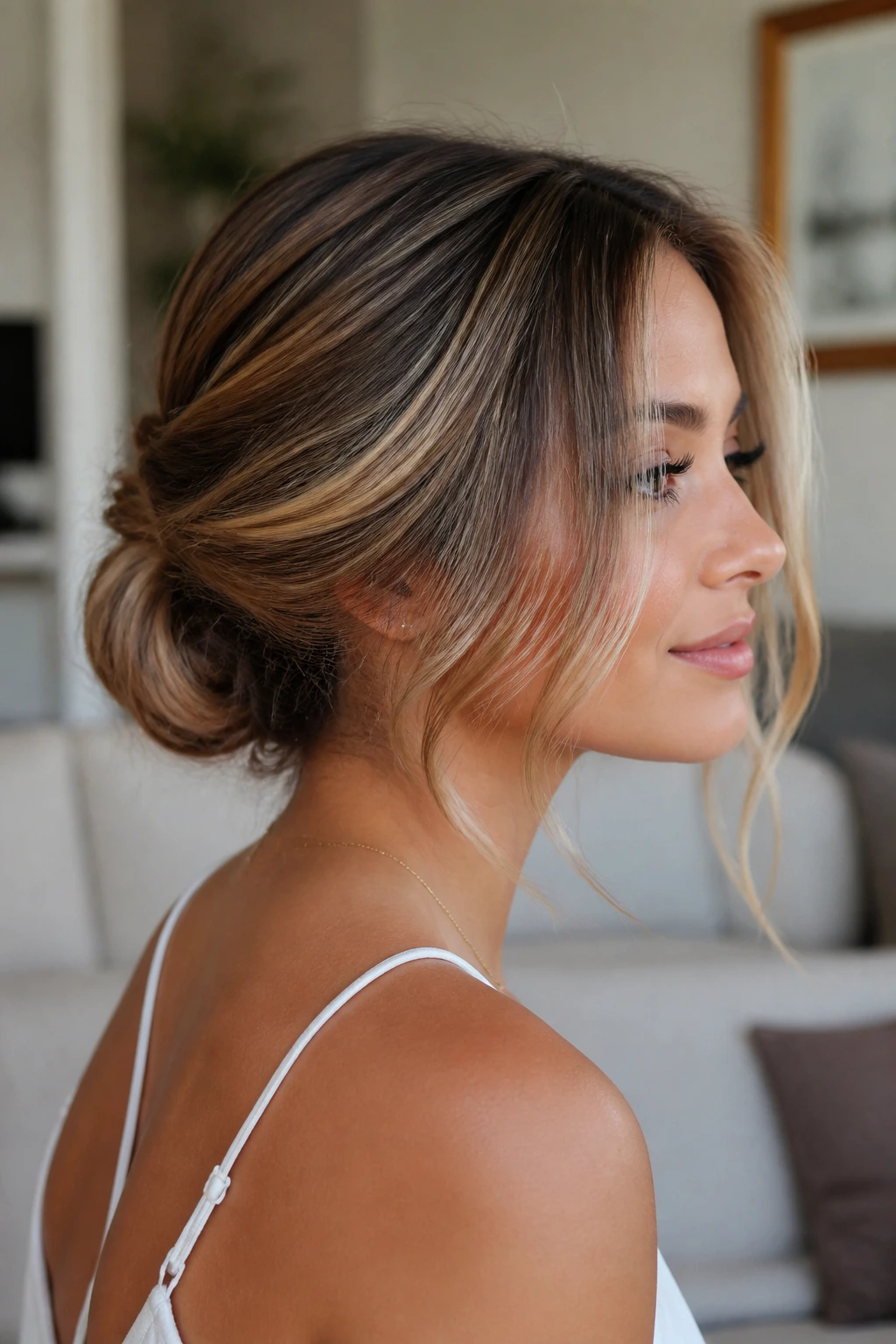 Close-up of a real woman with a faux bob showing tucked ends and curved front pieces.