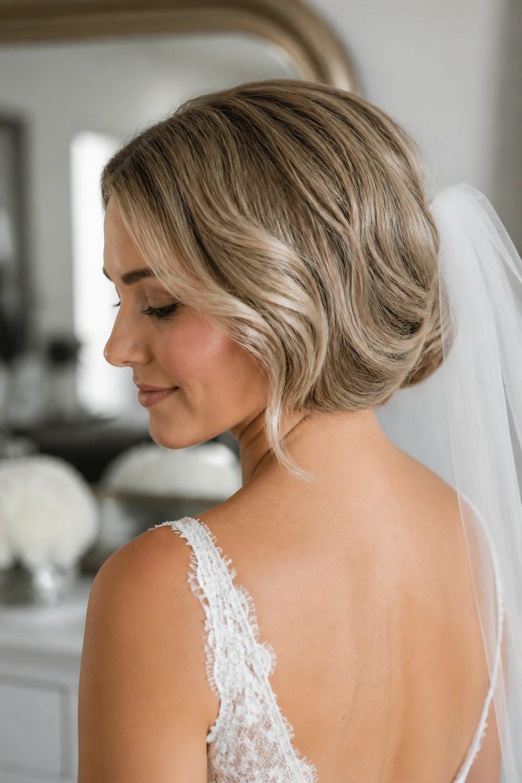 Close-up of a real woman with a faux bob tucked at the nape, veil-safe.