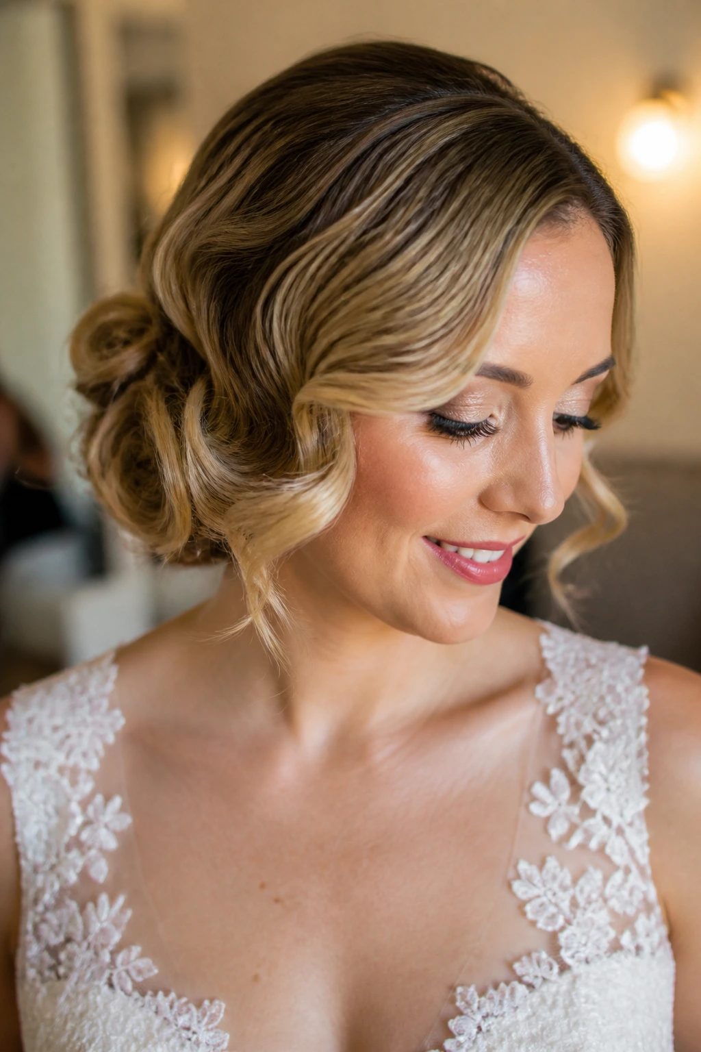 Bride with soft faux bob pinned into waves