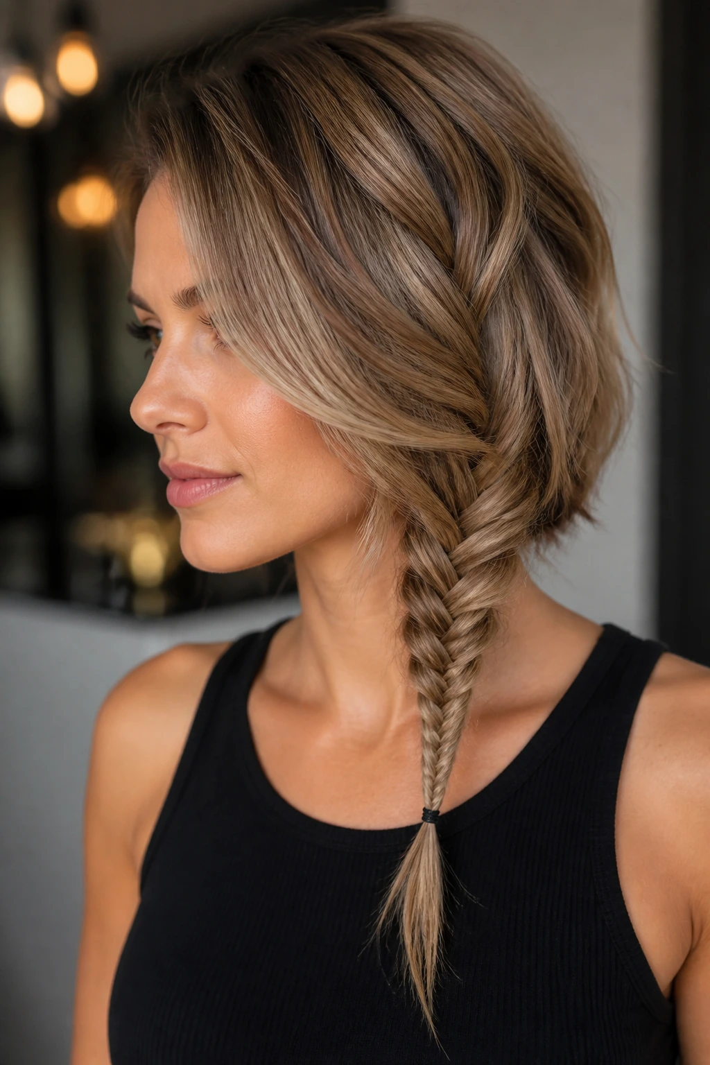 Close-up of real woman's hair showing a faux fishtail braid starting low with extension tail