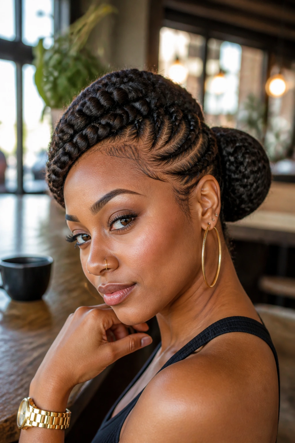 Close-up of a real woman with curved side braids forming a faux hawk and bun.