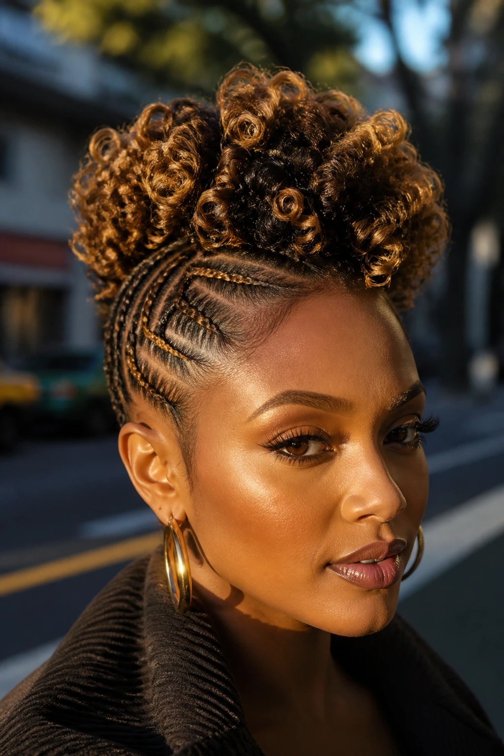 Real person with faux hawk braids and curly topper with caramel highlights.