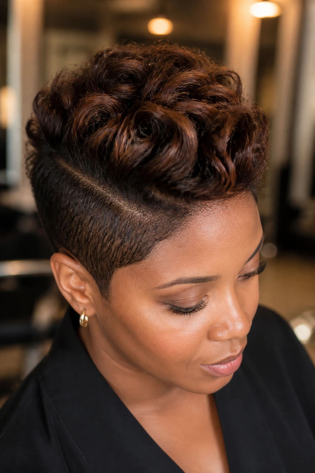 Close-up portrait of a real person with soft faux hawk and chestnut babylights