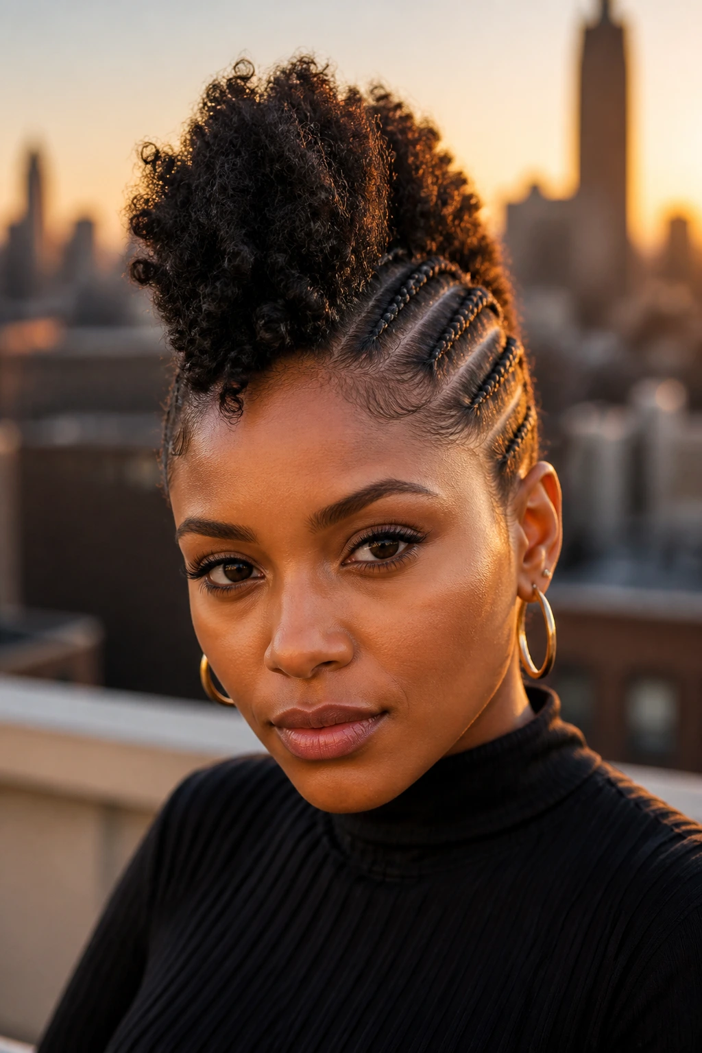Close-up portrait of a real person with two side cornrows and a center faux hawk