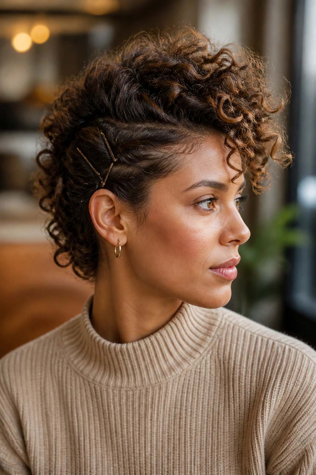 Close-up portrait of a real person with a curly faux hawk and pinned sides.
