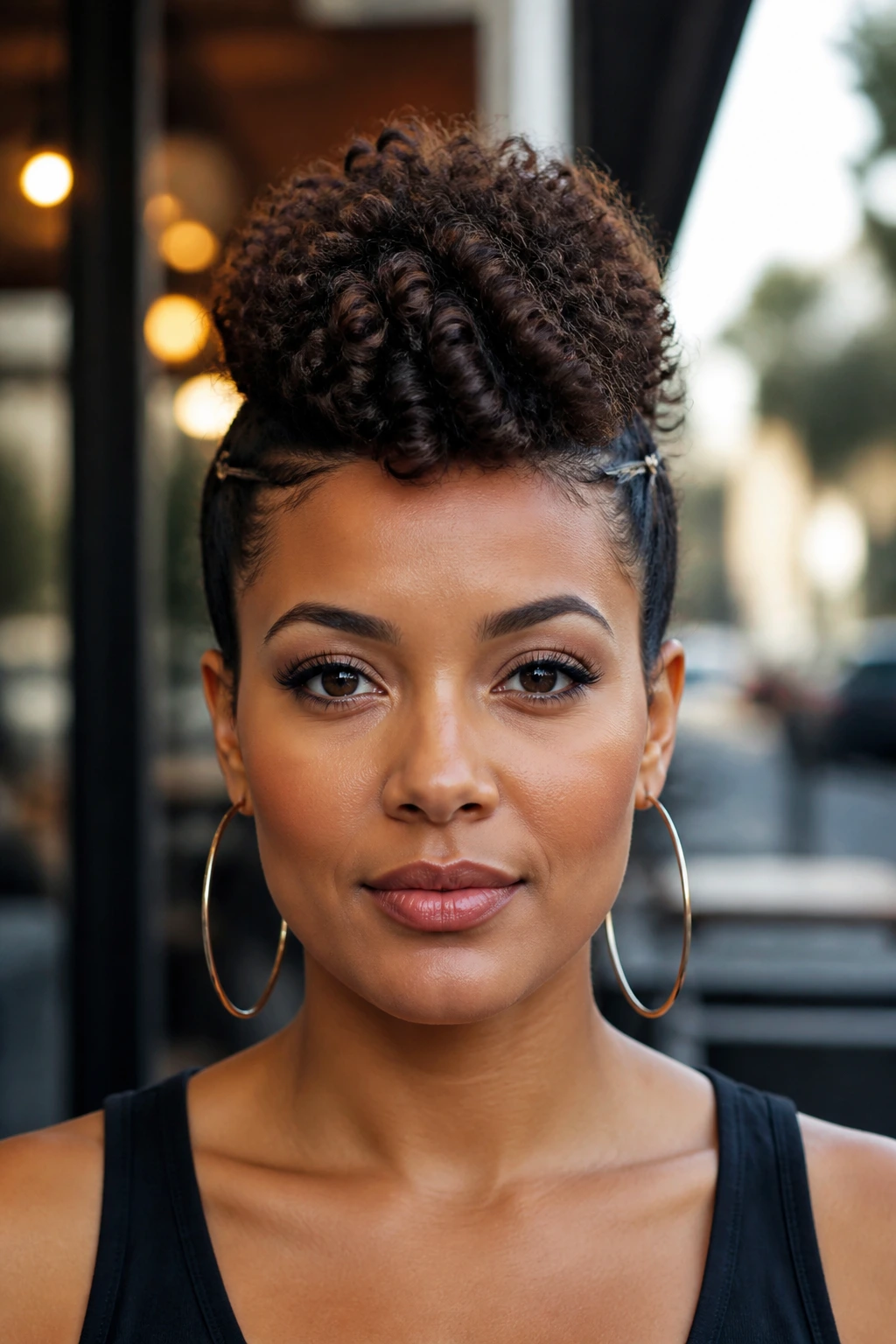 Front-facing portrait of a real woman with a rolled-up faux hawk hairstyle