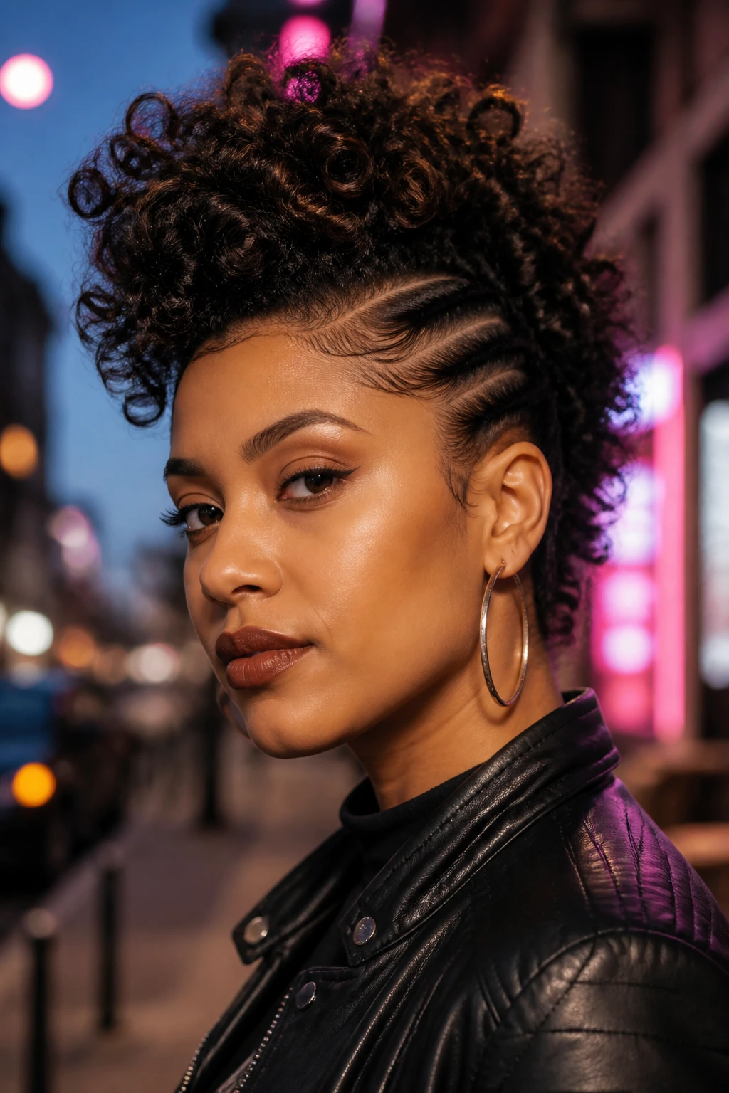 Portrait of a person with a faux hawk curls on an urban street at dusk