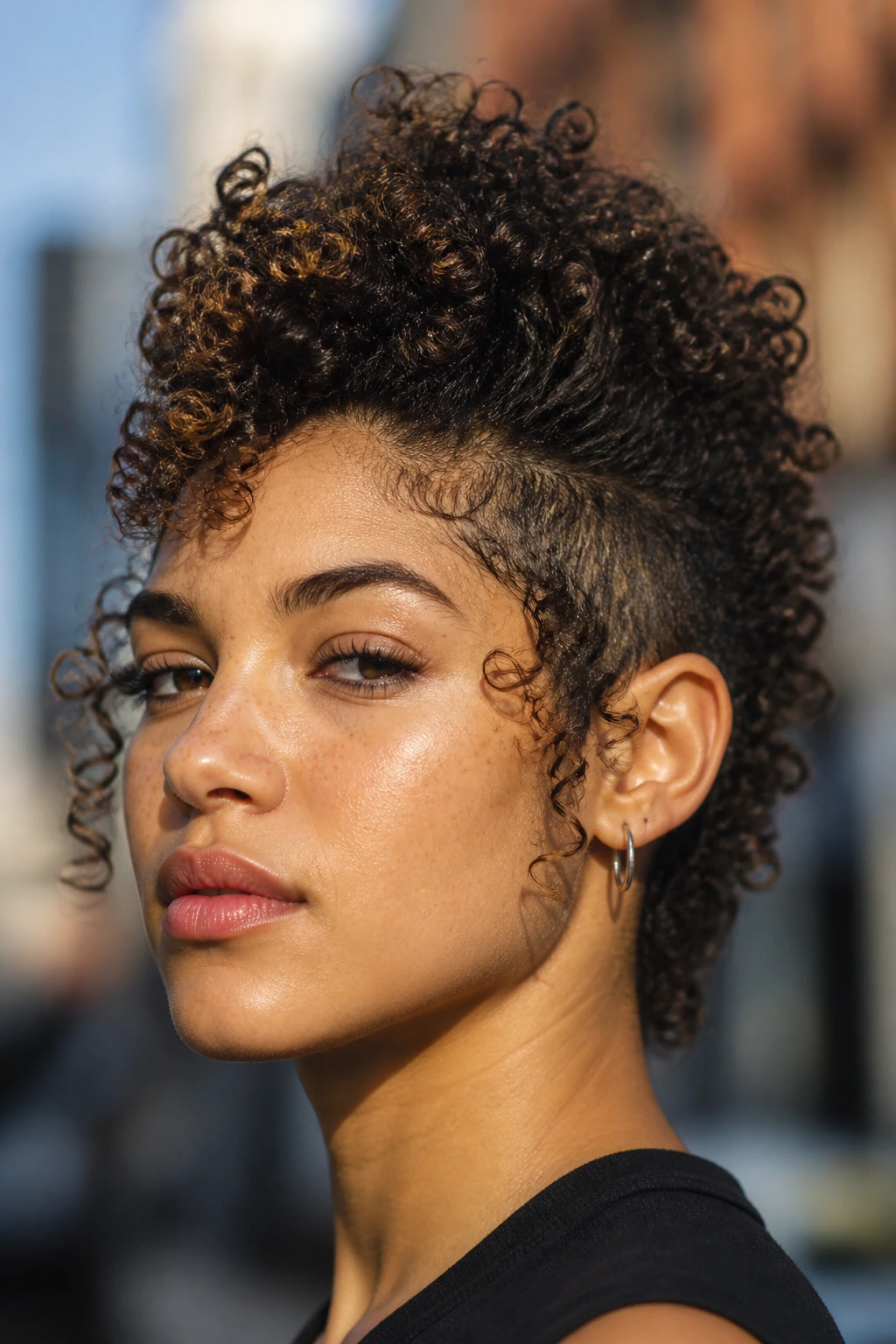 Close-up of curly faux hawk on a real person with lifted center ridge