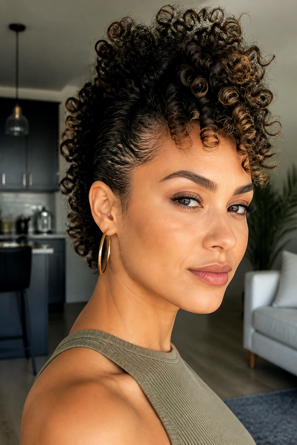 Close-up of a real woman with a curly faux hawk and tucked sides