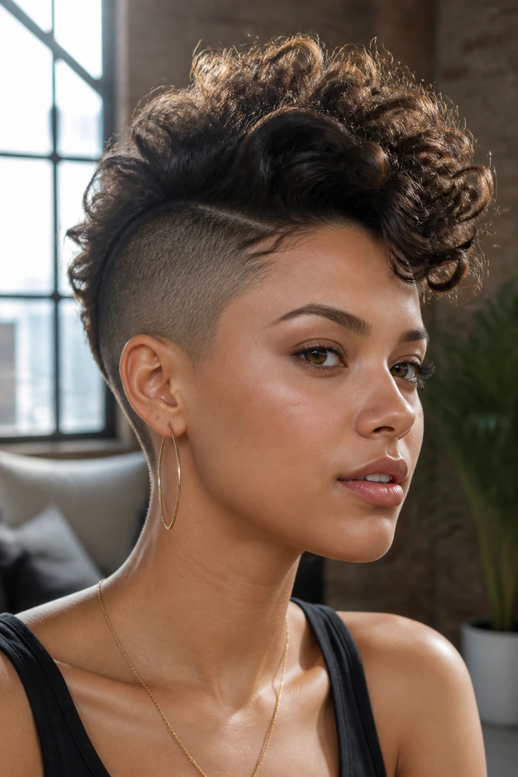 Portrait of a real person with a curly faux hawk and clipped sides