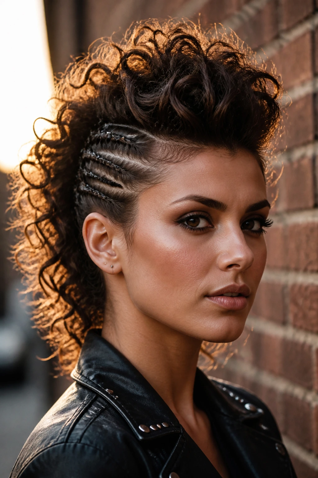 Portrait of a person with a curly faux hawk pinned sides in an urban setting.