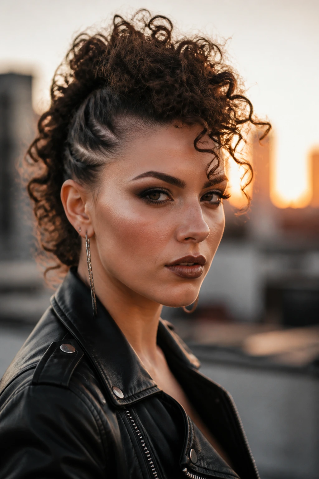 Real woman with curly faux hawk updo on rooftop at golden hour