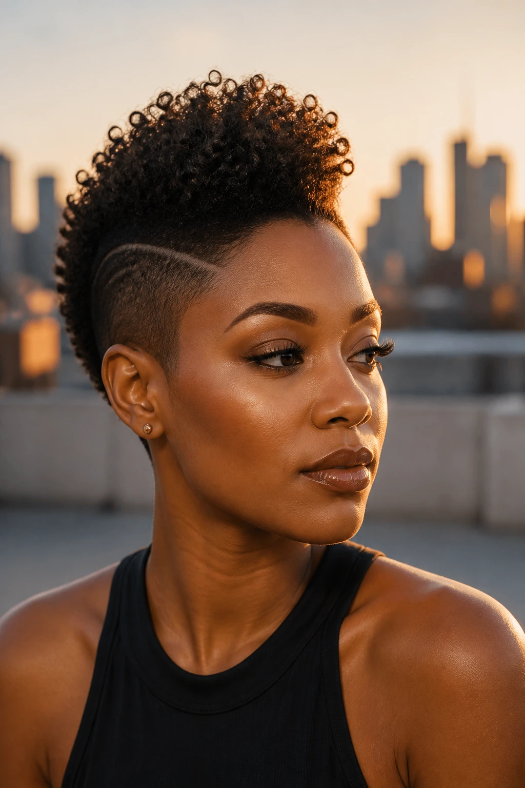 Close-up of a real person with a faux hawk and curved sides