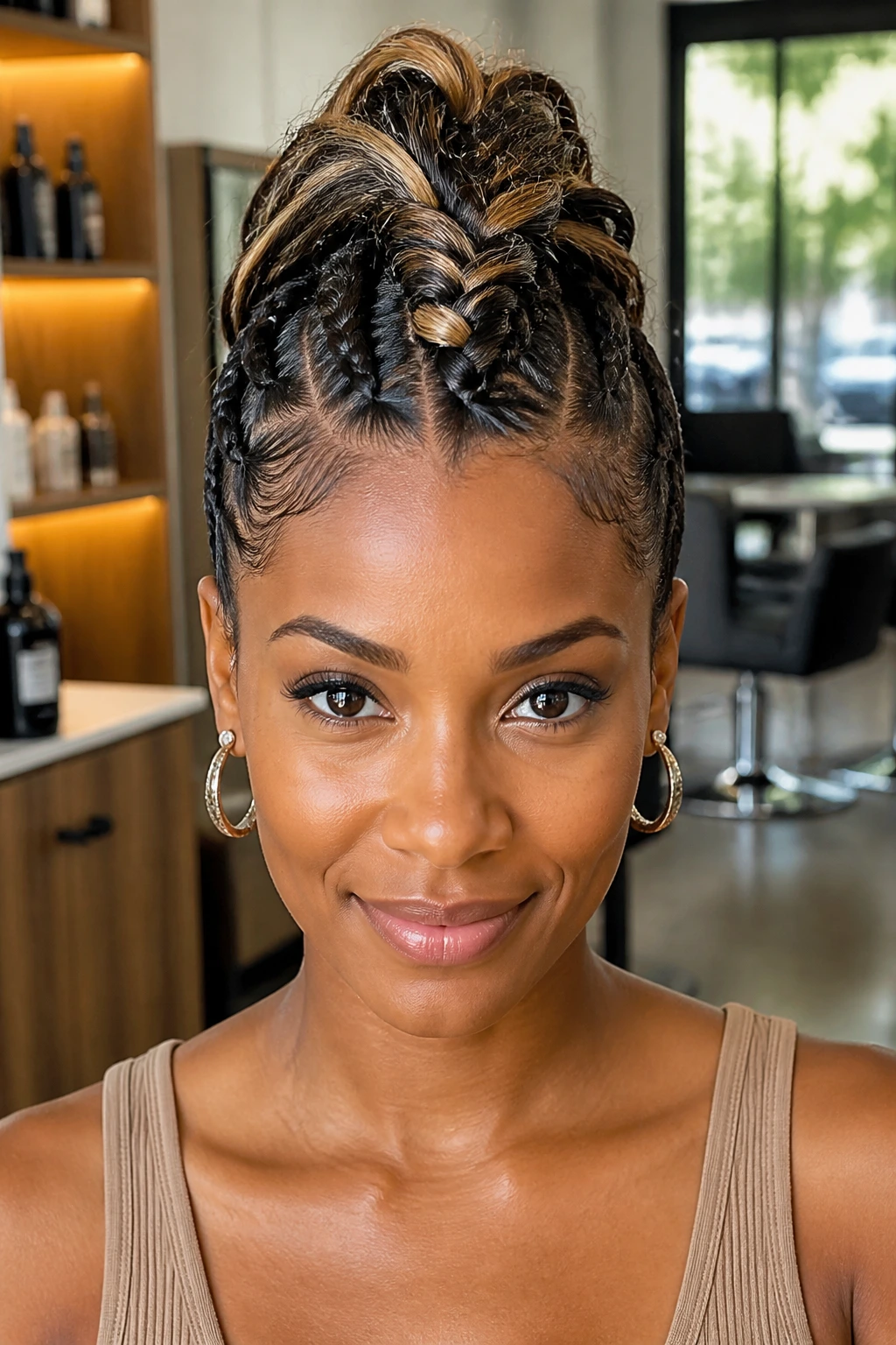 Front close-up of a real person with a faux hawk Dutch braid