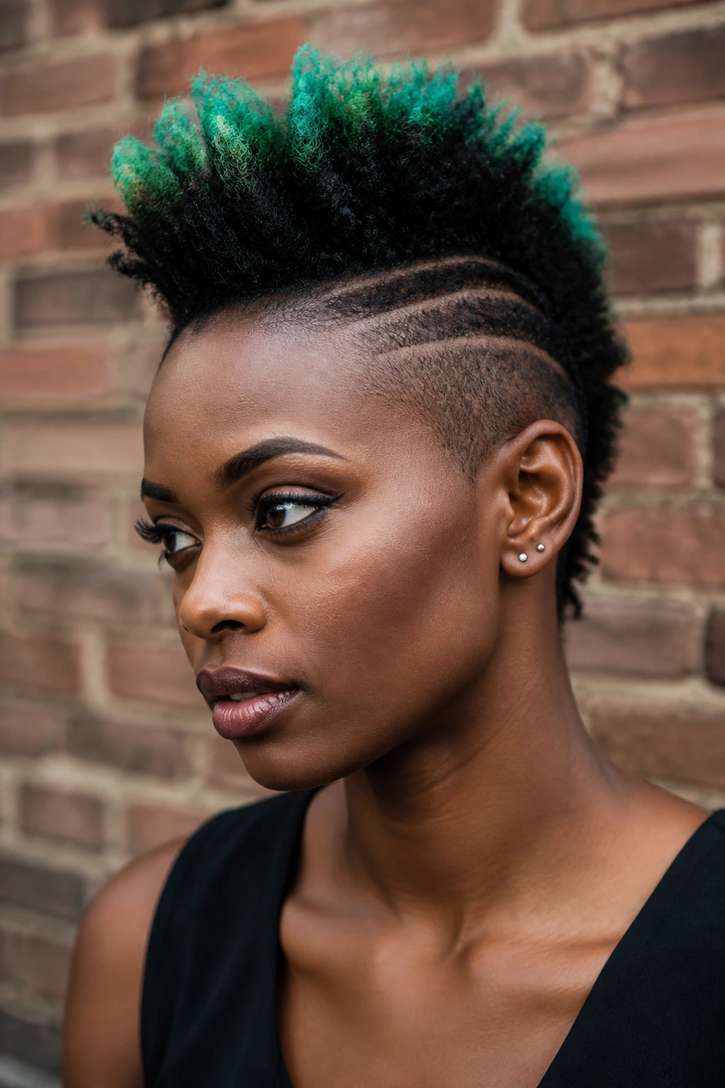 Close-up portrait of a person with an emerald-tipped faux hawk on deep skin