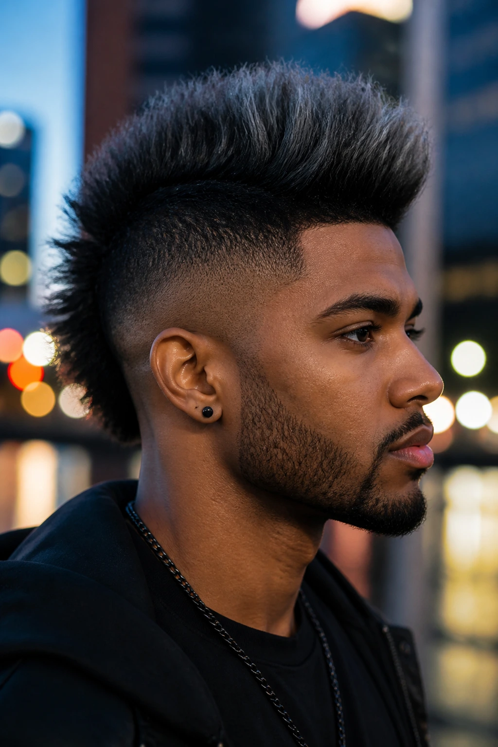 Portrait of a person with a gray-black faux hawk against an urban backdrop