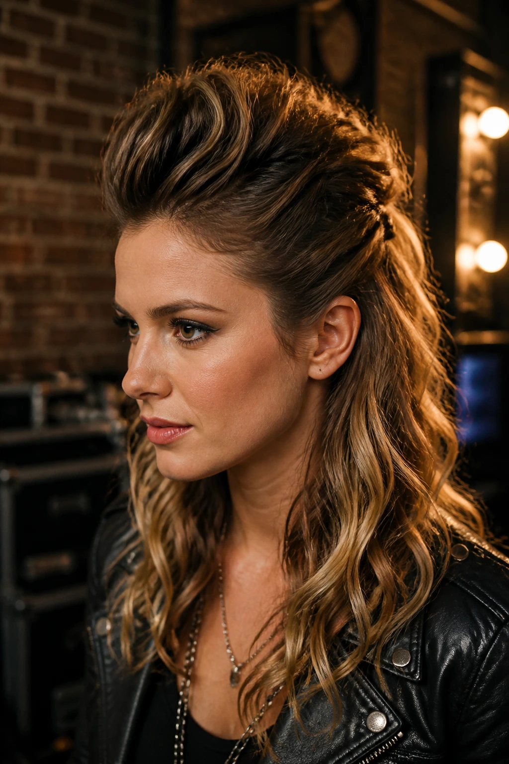 Close-up portrait of a real woman with a faux hawk half-up and pinned sides