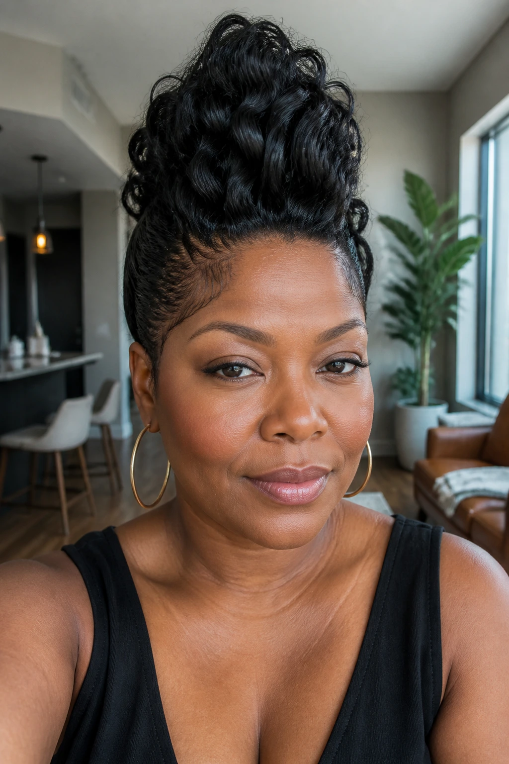 Portrait of a person with a centered lifted faux hawk of wavy hair