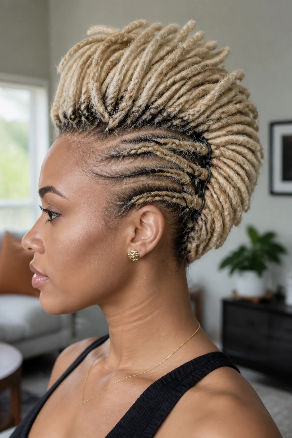 Profile shot of a real woman with a blonde faux hawk loc style