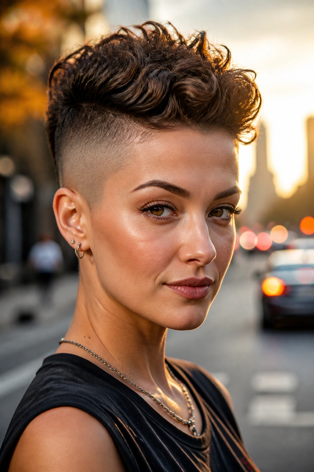 Portrait of woman with buzzed-sides faux-hawk pixie in urban setting.