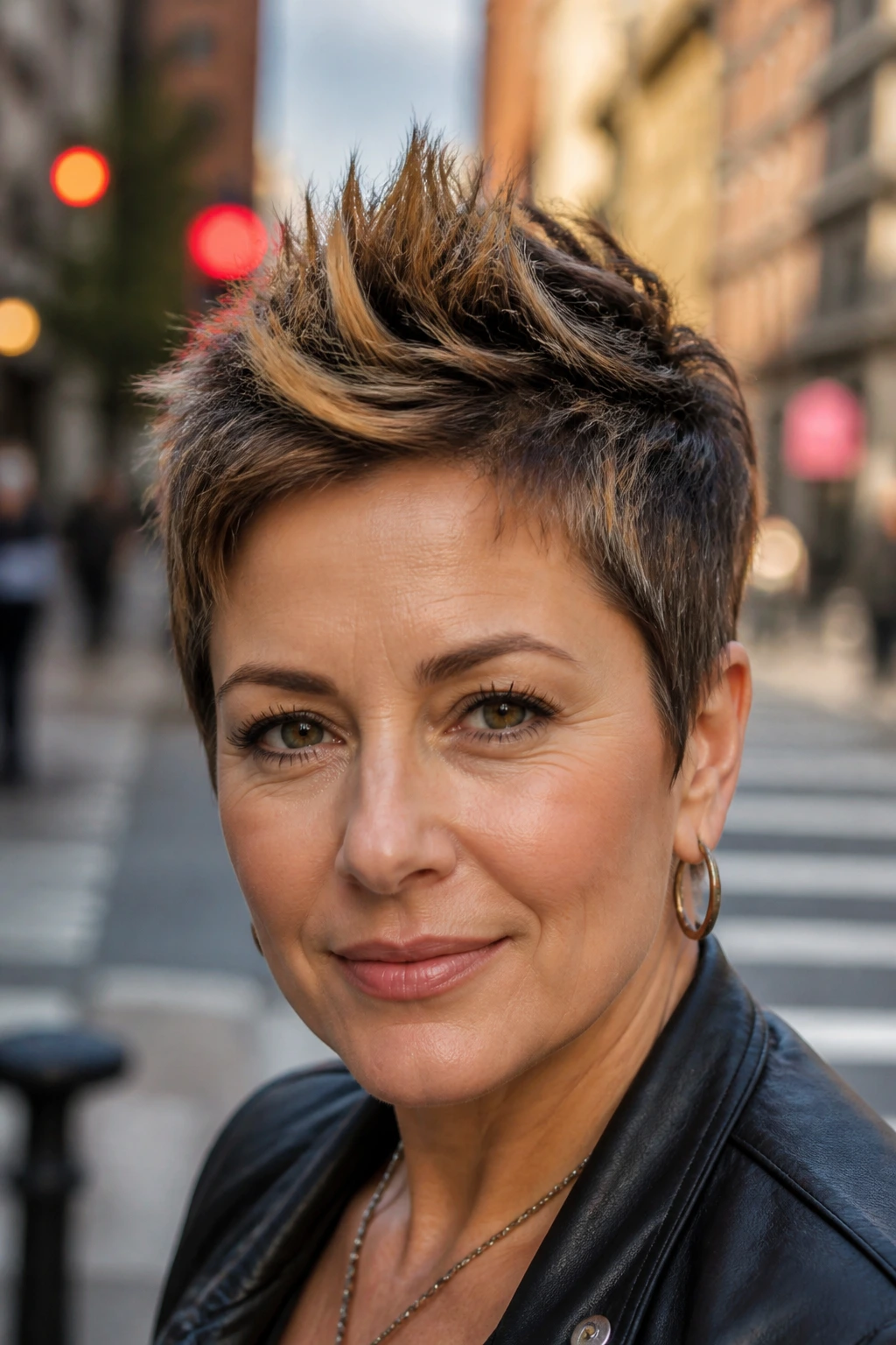 Close-up portrait of choppy faux-hawk pixie with caramel threads