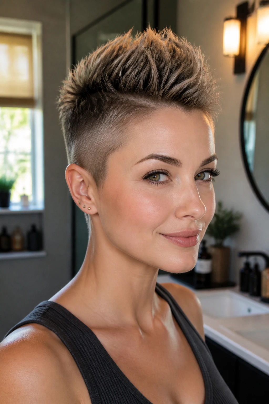 Close-up portrait of a woman with a faux hawk pixie showing a narrow center ridge and tight shaved sides in warm window light