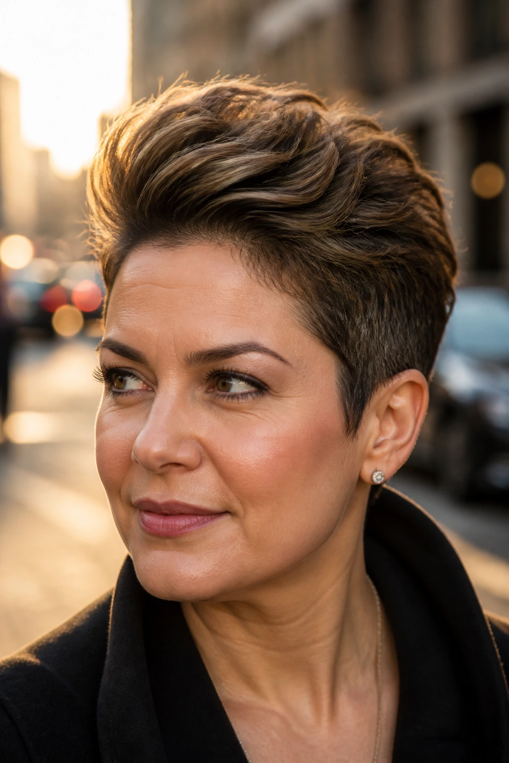 Close-up portrait of a real woman with a swept-up faux-hawk pixie