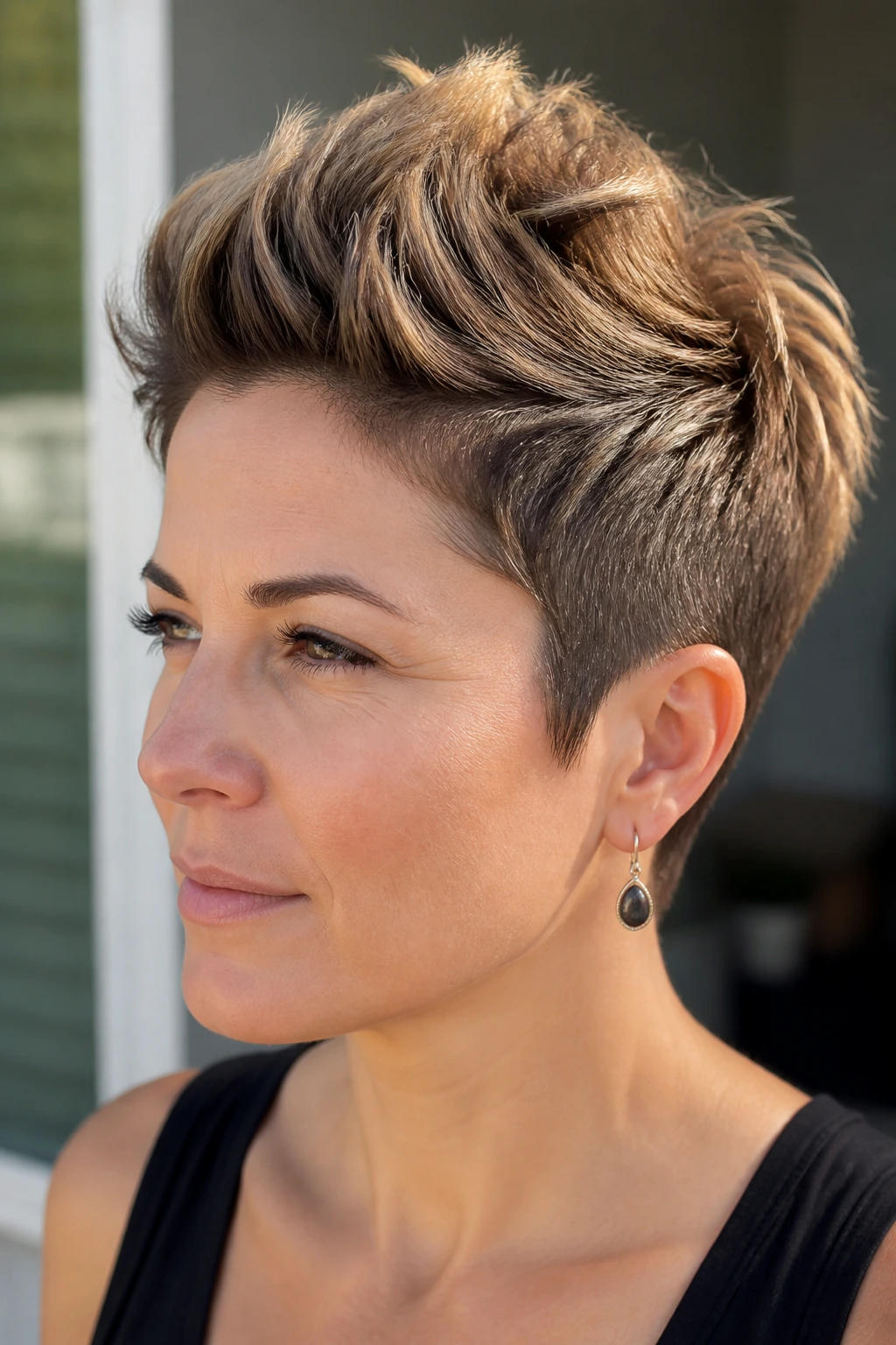 Close-up of real woman with a faux hawk pixie and lowlights.