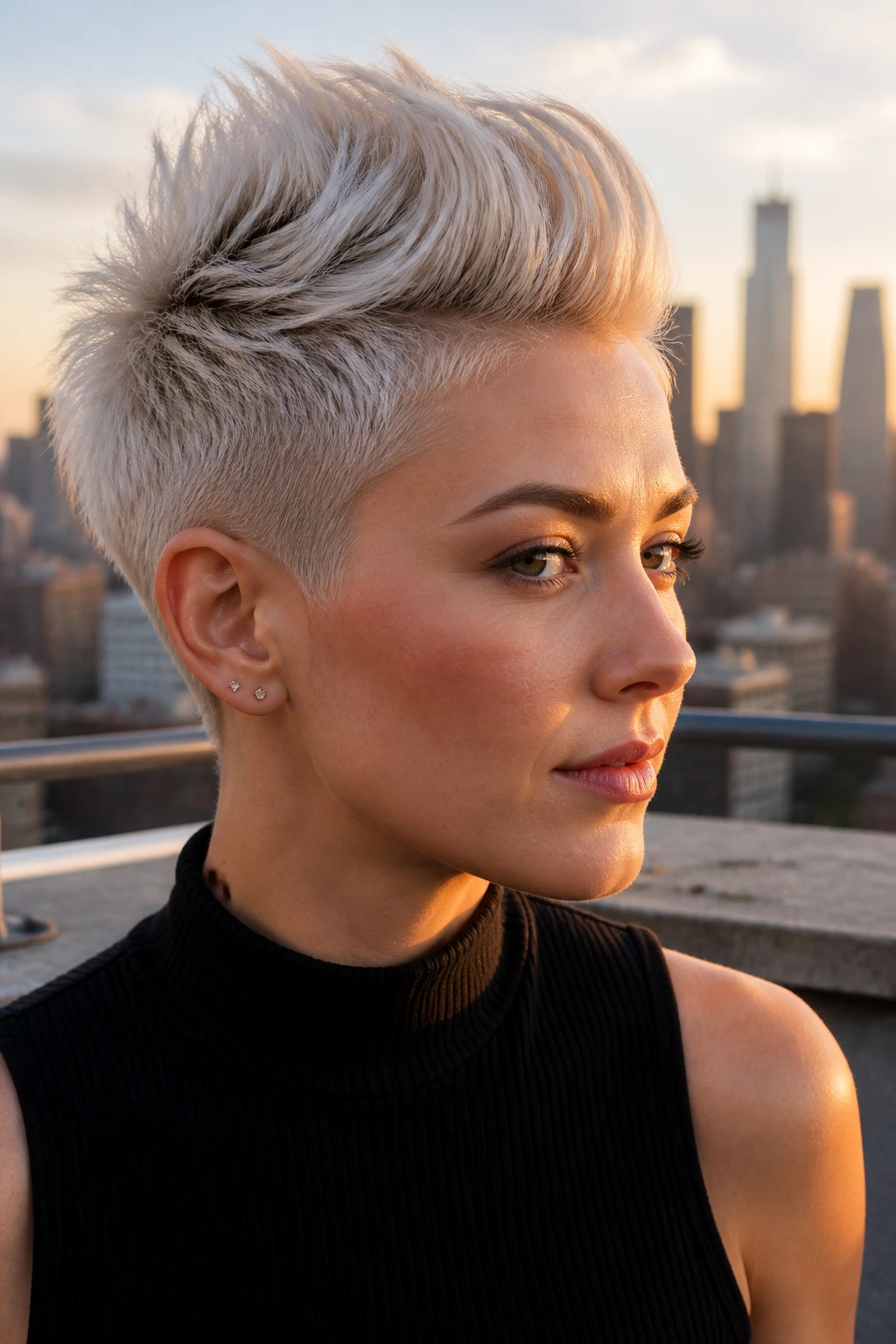 Real person with platinum faux-hawk pixie on urban rooftop