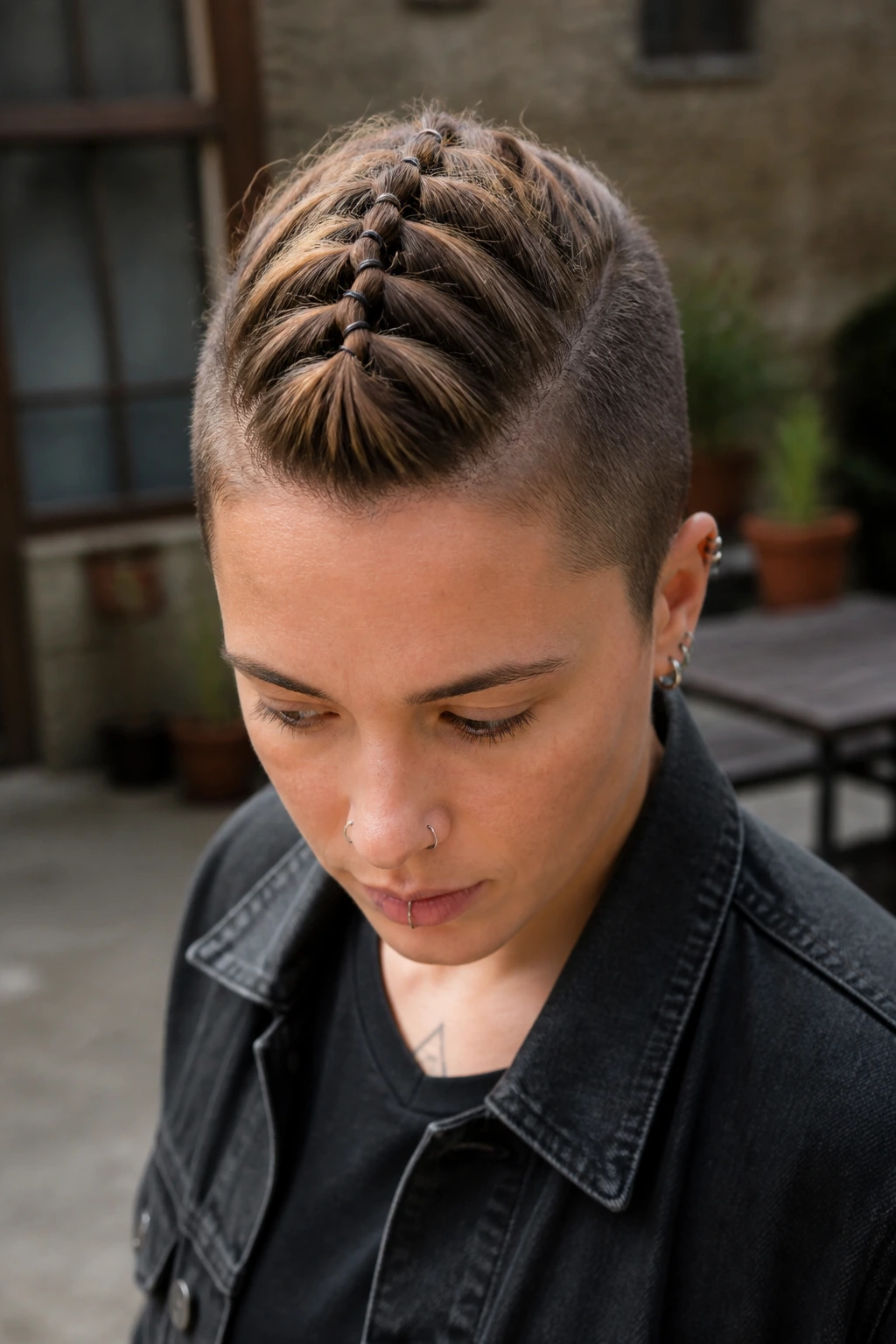 Close-up portrait of a real person with a faux hawk pony created by mini elastics